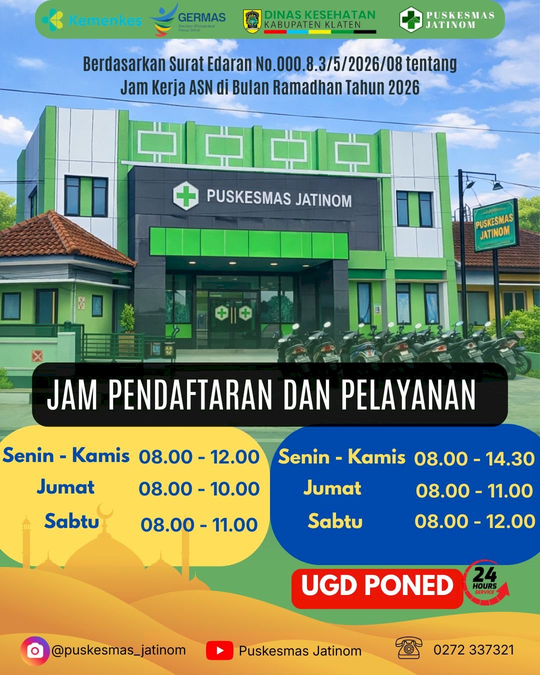 JAM PENDAFTARAN DAN PELAYANAN PUSKESMAS JATINOM SELAMA BULAN RAMADHAN TAHUN 2026