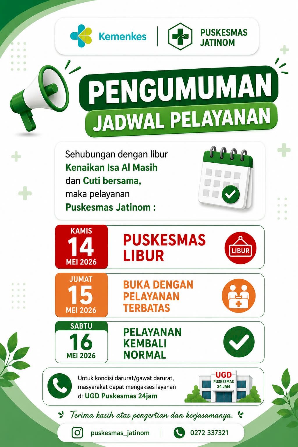 PENGUMUMAN JADWAL PELAYANAN